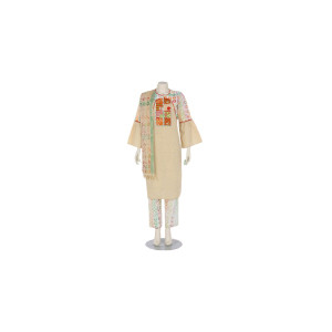 Beige Brush Painted Wax Dyed and Embroidered Cotton Shalwar Kameez Set