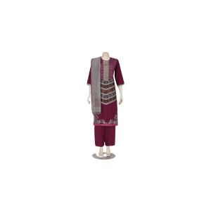 Dark Fuchsia Printed and Embroidered Viscose-Cotton Shalwar Kameez Set